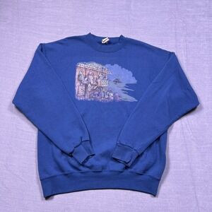 Vintage Blue House and Butterfly Graphic Crewneck Sweatshirt  Women's Size Large